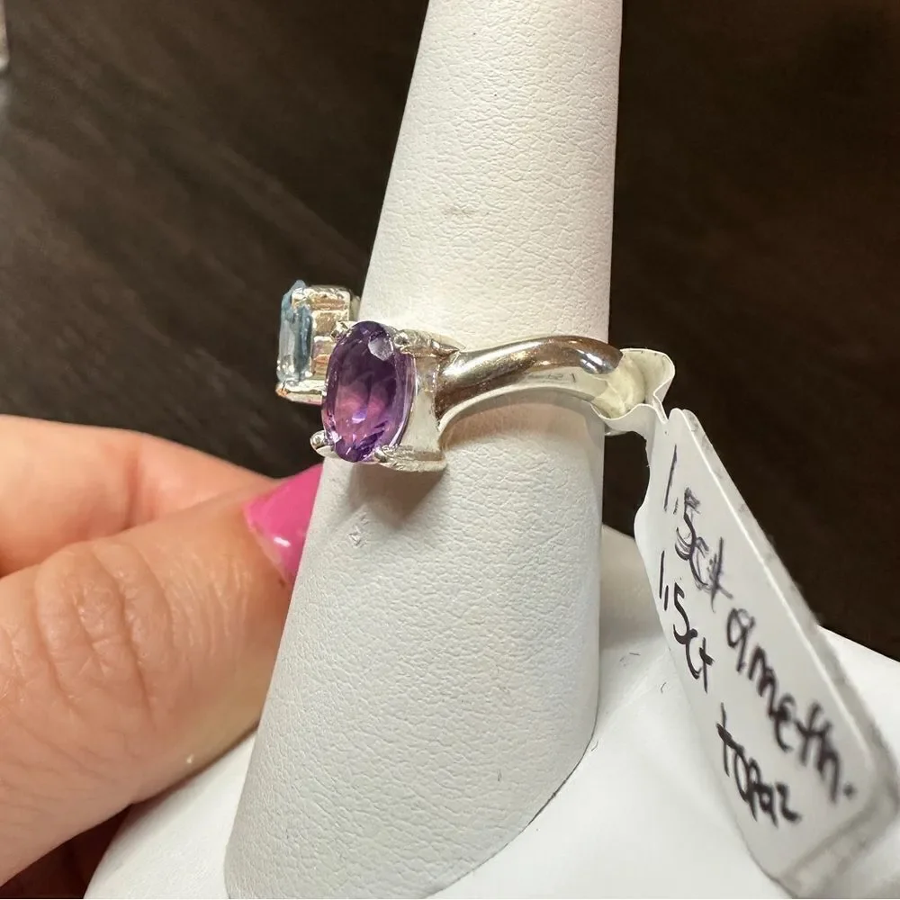 Genuine 1.5ct each of blue topaz and‎ amethyst, set in .925 ring!